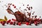 Fruits fall into the chocolate causing splash. Illustration of delicious milk chocolate desser