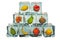 Fruits frozen in ice cubes, pyramid. 3D rendering
