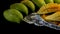 Fruits. Green And Ripe Mongo With Black Background