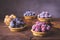 Fruits with hoarfrost in tartlets on a dark old wooden background.