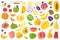 Fruits isolated. Cherry orange peach plum banana melon lime colorful fruit. Natural vegan food cartoon vector set