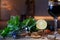 Fruits and kitchen herbs still life in the kitchen