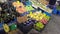 Fruits, kiwi bananas, plums, peaches lined up on the counter in the public market