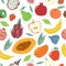 Fruits pattern. Juicy pear, apple and banana, kiwi and strawberry, peach and pomegranate natural farm product seamless