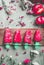 Fruits popsicle ice . Homemade ice cream on light green kitchen table background, top view. Healthy summer desserts. Frozen juices