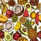 Fruits seamless pattern background design. Engraved style. Hand drawn bananas, kiwi etc.