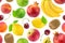 Fruits seamless pattern. Background of fresh falling fruits and berries isolated on white