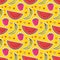 Fruits seamless pattern with watermelon, banana and strawberry. Summer wrapping paper. Textile fruit print. Baby wallpaper pattern