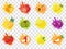 Fruits splash set of labels. Fruit splashes, drops emblem.Isolated on a transparent background. Splash and blot kit