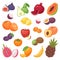 Fruits vector fruity apple banana and exotic papaya with fresh slices of tropical dragonfruit or juicy orange