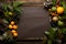 Fruits and Vegetables with Blank Blackboard on Rustic Wooden Table with copy space