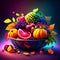 Fruits and vegetables in a bowl. Colorful autumn background. AI generated