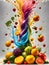 Fruits and vegetables falling into water with splash.