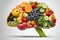 Fruits and vegetables forming the shape of a brain, on white background.