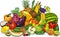 Fruits and vegetables group cartoon illustration