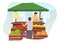 Fruits and vegetables market stall with seller flat illustration. Man buying farm products, eco and organic food at trade tent