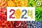 Fruits and vegetables. New year 2024 made of fruits and vegetables