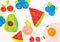 Fruits and vegetables painted object set child drawing, drawing picture on paper, artwork workplace.Illustration Child`s Drawing