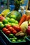 Fruits and vegetables are placed in a tray for juice. in market.