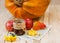 Fruits and vegetables with pumpkins in autumn vintage still life