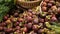 Fruits and vegetables on rustic stall. Assorted fresh ripe fruits and vegetables placed on rustic oriental stall in market. sweet