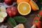 Fruits on wooden background.