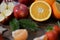 Fruits on wooden background.