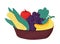 Fruits in wooden bowl. Corn, banana, apple, grape are inside of basket. Healthy eating, harvest concept