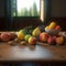 fruits in a wooden desk,sun light,fruit,banana,apple,orange