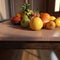 fruits in a wooden desk,sun light,fruit,banana,apple,orange