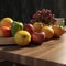 fruits in a wooden desk,sun light,fruit,banana,apple,orange