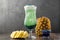 Fruity Bubble Tea in glass cup on dark background