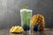 Fruity Bubble Tea in glass cup on dark background