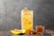 Fruity Bubble Tea in glass cup on dark background