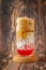 Fruity Bubble Tea in glass cup on wooden background