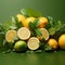 Fruity delight Citrus assortment with green leaves on green background