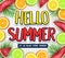 Fruity Hello Summer Poster with Palm Tree Leaves, Watermelon, Orange, Lime and Lemon in White Wooden Background