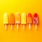 Fruity ice cream on stick on bright orange background. Hello summer or Summer mood. Close-up. Generative Ai content.