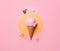 Fruity ice cream in waffle cup on pink background. Hello summer or Summer mood. Close-up. Generative Ai content.