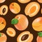 Fruity seamless pattern with juicy apricots on a dark brown background.