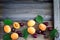 Fruity summer garden background with apricots and cherries. Top