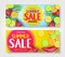 Fruity Summer Sale Colorful Banners with Watermelon, Orange, Lime and Lemon Tropical Fruits