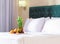 Fruity welcome gift in hotel interior blur background. Close up of healthy breakfast fruit plate with pineapple in modern bedroom