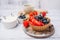 Fruity yogurt waffle bowl. Healthy diet friendly dessert.