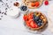 Fruity yogurt waffle bowl. Healthy diet friendly dessert.