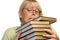 Frustrated Attractive Woman with Stack of Books