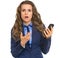 Frustrated business woman pointing on cell phone