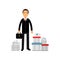 Frustrated businessman character standing among paper documents