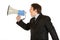 Frustrated businessman yelling through megaphone