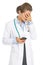 Frustrated doctor woman with cell phone